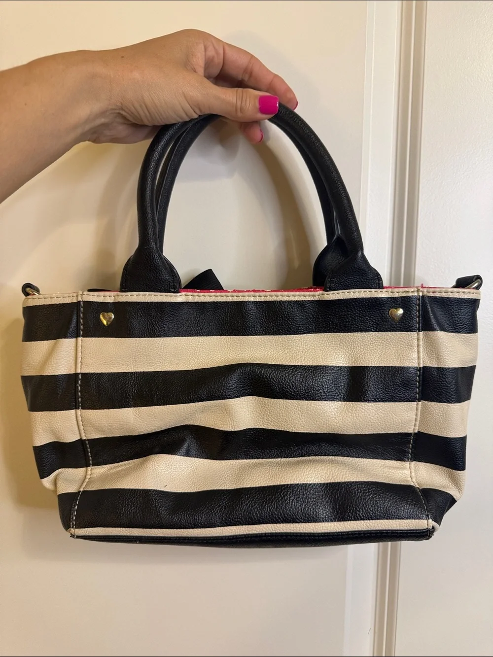 Betsey Johnson Black & White Striped Satchel with Pink Pocket and Black Bow